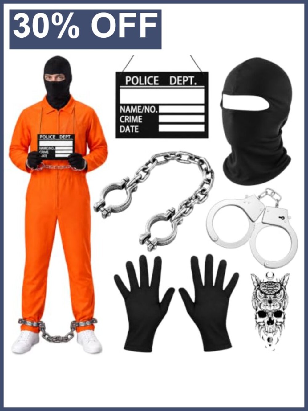 Halloween Prisoner Costume Accessory Set with Handcuffs, Leg Shackles & More